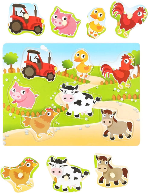7Pieces Wooden Puzzles Farm Chunky Baby Puzzles Peg Board, Full-Color Pictures for Preschool Educational Jigsaw