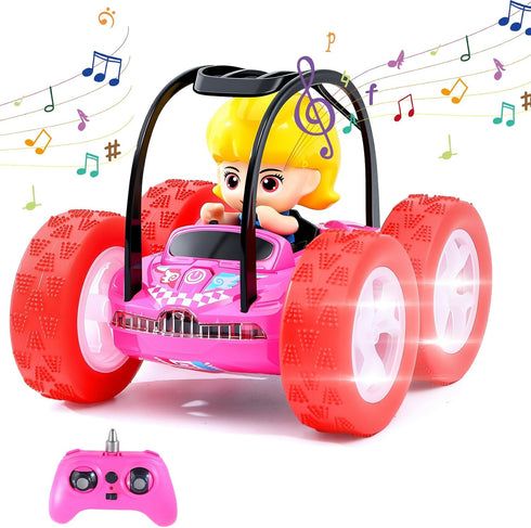 360 3-8, Cartoon Girl Driver RC Stunt Car for Kids Flips, Music & Lights, USB Rechargeable Remote Control Car Toy