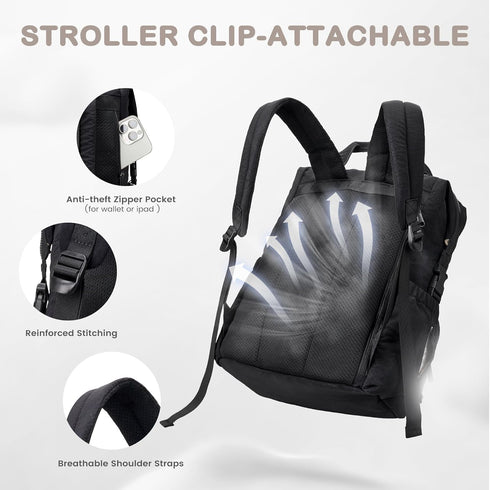 Backpack, Backpack VONAL Diaper Bag Lightweight Baby Diaper Bags, Travel Large Diaper Bag with Changing Station, Black