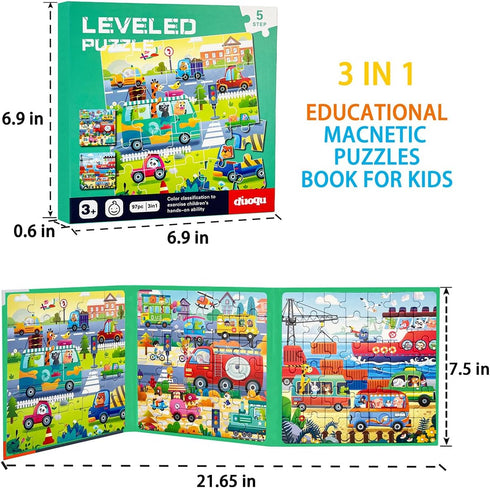 Magnetic Puzzles for Kids Ages 4-8 - 3 in 1 Wooden Jigsaw Puzzles Book, Learning Magnet Gift for Road Trip
