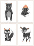 Children's Wall Art Prints, Boho Woodland Animal Room Collection, Set of Four 8x10 Prints and 5x7 Wall Cards