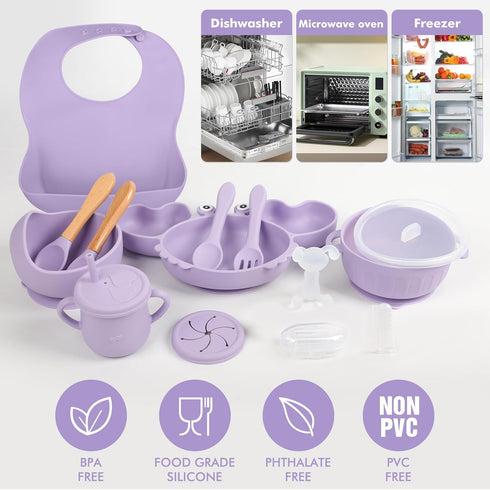 mraisebossup Set 15 Setpurple Silicone Baby Feeding PcsBaby Spoons Suction Bowl Divided Plate Bib Cup Finger Brush