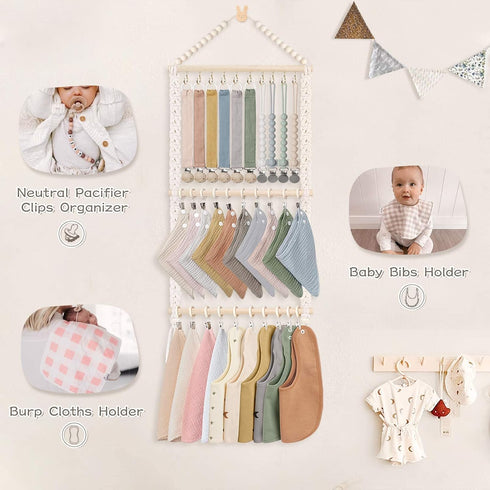 POVETIRE Pacifier Clip Holder Baby Bibs Organizer, Neutral Baby Bandana Drool Bibs Holder - Baby Burp Cloths Organizer