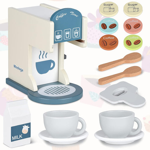 medoga Sets Play Kitchen Accessories Kids Wooden Coffee Maker Toy Espresso Machine Toddler Toy Kitchen for Girls