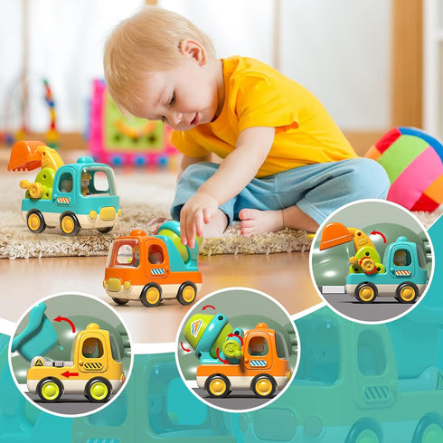 1 2 3 3 Pack Set 1-3 Baby Toys Push Cars for Year Old Friction Powered Construction Friction Vehicle Excavator Dumper