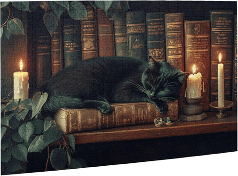 Yuwvewv 500 Piece Wooden Puzzle for Adults Black Cat Sleeping on Bookshelf in Warm Glow Wooden Puzzle for Book Lovers