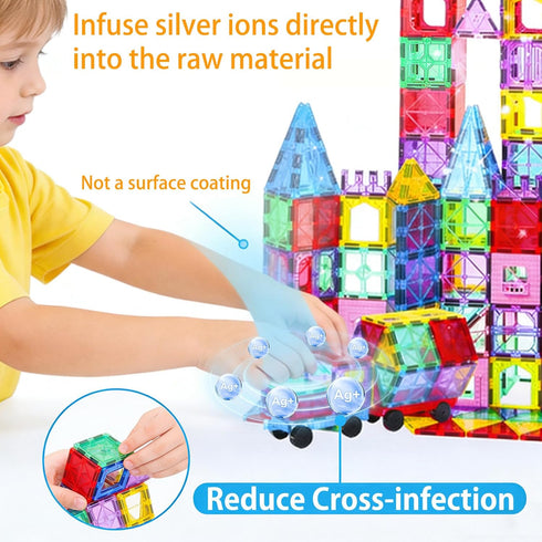 142PCS 2 3+ Upgraded Antibacterial Magnetic Tiles with Cars, Built-in Antibacterial Protection, Inhibits Bacterial