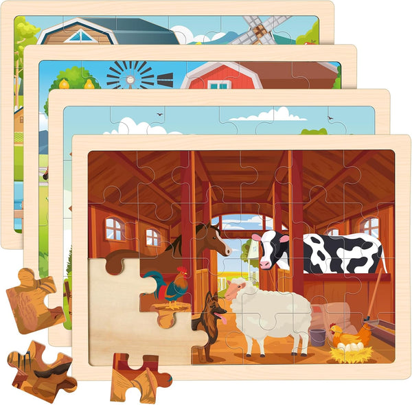 4-in-1 Farm Wooden Puzzles for Kids Ages 4-6, 24 PCS Jigsaw Puzzles for Toddlers 2-4, Educational Gifts