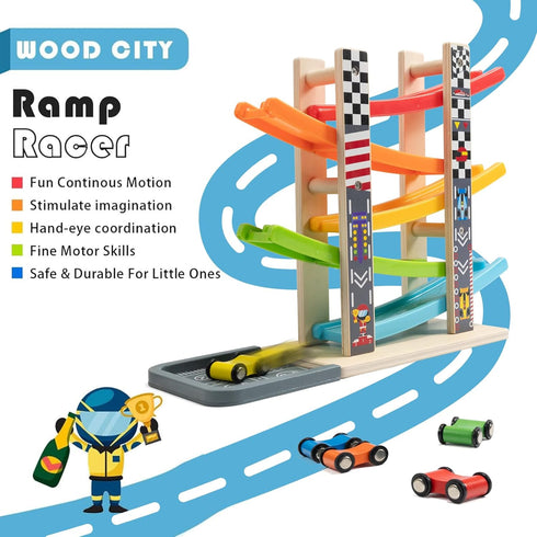 1 2 3 Set 5/7 Racer-5 WOOD CITY Toddler Toys for Years Old, Wooden Car Ramp Racer Toy Vehicle with Mini Cars & Race