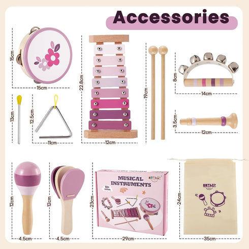 Sets 1 2 3 BUYGER Baby Musical Instruments with Xylophone, Wooden Percussion Instruments with Storage Bag, Montessori