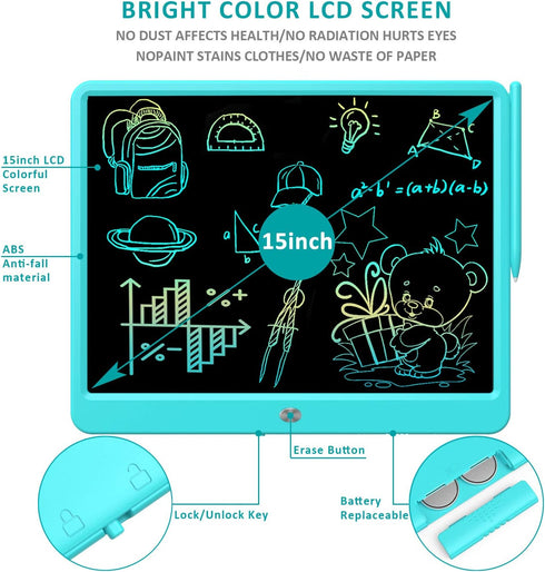 FLUESTON 15 Inch LCD Writing Tablet - Colorful Doodle Board for Kids 3-8, Educational Learning Travel Birthday Gift,