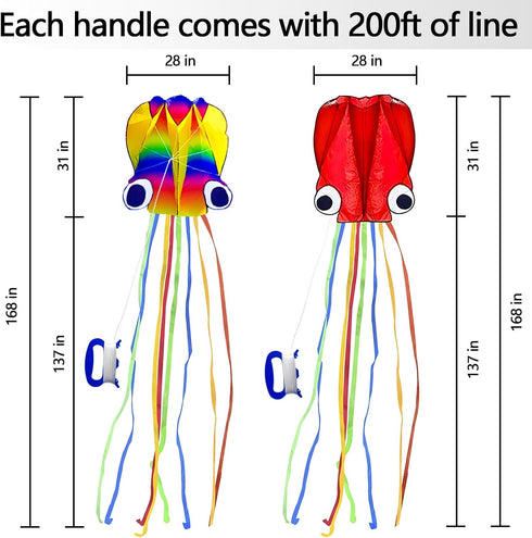 Large Octopus Kites for Kids & Adults, 2 Packs (Rainbow+Red), Big Kite for Beginners, Kites for Ages 4-8, Outdoor