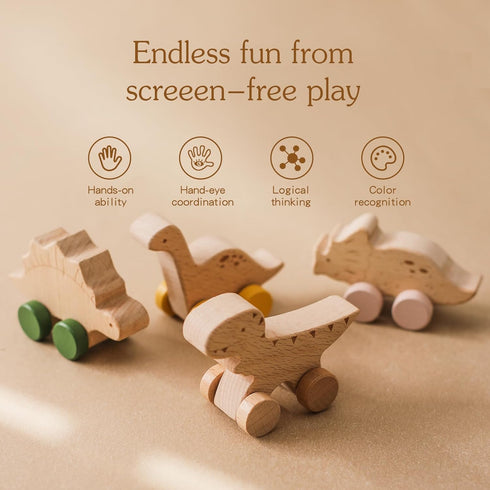 Wooden Dinosaur Cars Montessori Toys, Baby Push Car Toys, Developmental Infant Grasping Toys (3PCS)