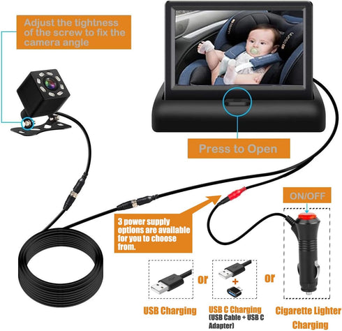 ALLRUBY Baby Car Camera Monitor,Baby car Mirror,for USB/USBC/CigaretteLighter Ports, View Infant in Rear Facing Seat