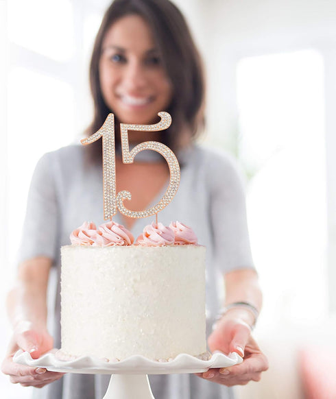 15 Cake Topper - Premium Rose Gold Metal, 15th Birthday or Anniversary Party, Sparkly Rhinestone Decoration, Protected