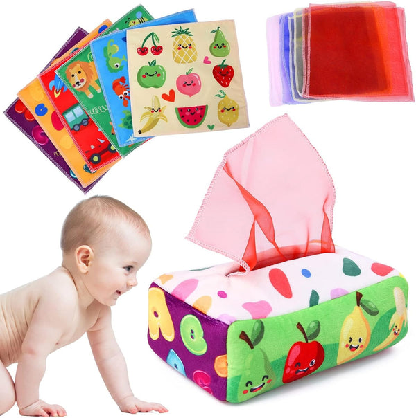 Baby Toys 6 to 12 Months - Tissue Box Toy Montessori for Babies, Soft Stuffed High Contrast Crinkle Toys
