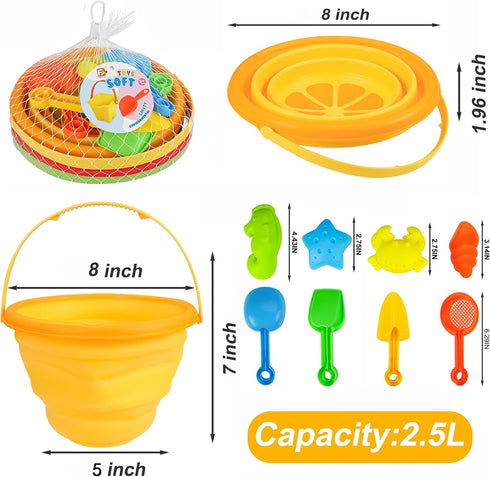 Twister.CK Set Summer 2.5L 3PCS Beach Sand Toys for Kids, Silicone Collapsible Foldable Beach Bucket Travel Beach Toys
