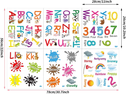 6 Sheets Alphabet Wall Decals for Classroom, Color Weather Learning Educational Stickers, Peel and Stick for Kids' Rooms