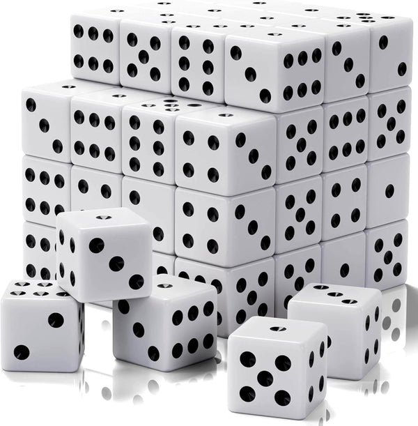 Rerdeim 60 Pieces Standard Dice, 16mm Bulk White Opaque Black Pips Six