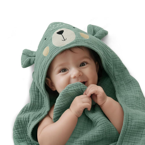 Blissful Diary Muslin Baby Hooded Towel, Soft and Absorbent Bath Towel for