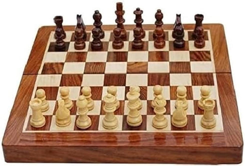 Wooden Magnetic Chess Board Set, 7" Folding Game for Adults & Kids, Portable Travel Chess