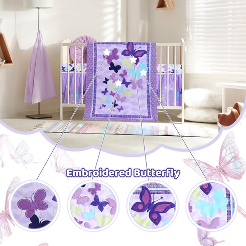 Set 3 Sets Sets Wowelife Butterfly Crib Bedding for Girls Piece Baby Girl Bedding Purple Nursery Crib Newborn, Infant