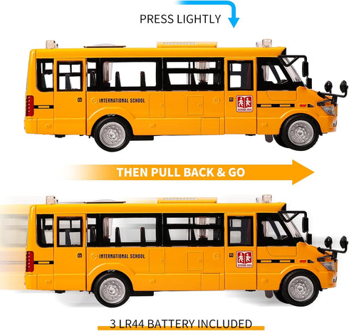 9" Large Bright Yellow School Bus, Pull Back Light Up and Sounds Die-cast Metal Toy Vehicles with Openable Doors Play Bus for Kids