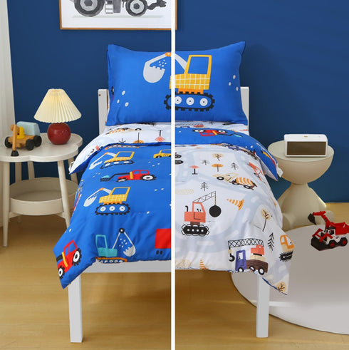 Set 4 Set Blue Cartoon Car Construction Toddler Bedding for Boys, Piece Reversible Truck Lightweight Toddler Comforter
