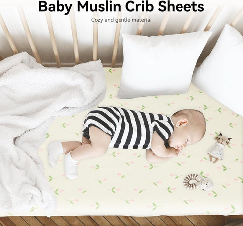 28" 52", 100% Synrroe Fitted Muslin Crib Sheets, Stretchy Crib Bed Sheets for Babies Girls by Super Soft