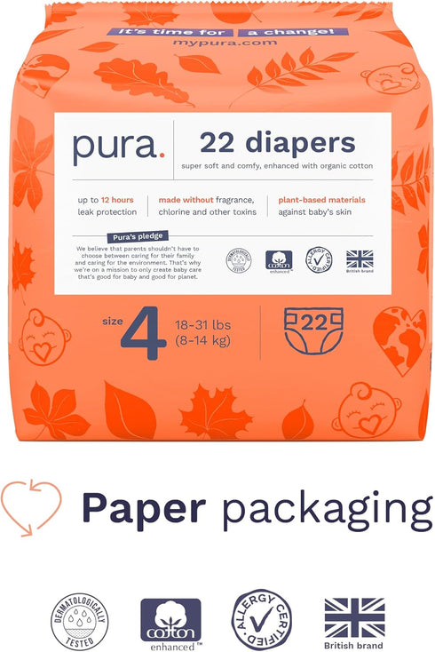 4 (18-31lbs) 12 Packaging, 3 Packs 22 (66 Pura Size Eco-Friendly Diapers TCF Hypoallergenic, Soft Organic Cotton