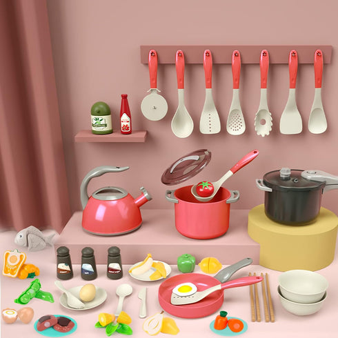 Bruvoalon 67Pcs Kids Play Kitchen Toys Set - Toddlers Pretend Cooking Playset Accessories with Pots, Pans, Utensils,