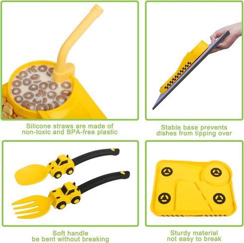 Construction Toddler Plates - Toddler Eating Utensil Set with Removable Straw, Baby Plates Feeding Set for Toddler