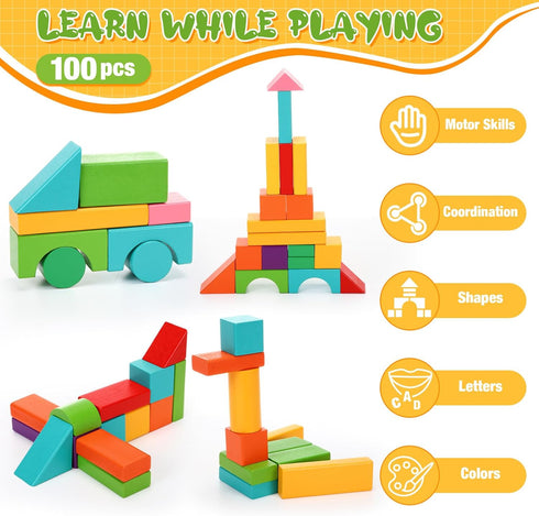 Libima 100 Pcs Wood Building Blocks for Toddlers 2-4 Years, Wooden Building Set with Storage Container, Preschool