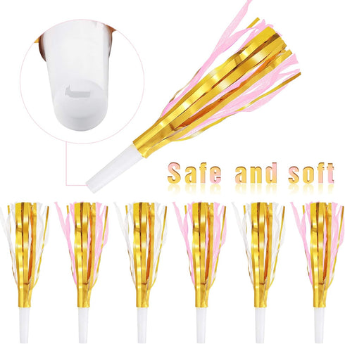 24 Pieces Gold Noise Makers Glitter Metallic Fringed Party Blowers, Pink Musical Blowouts for Birthday Baby Shower New