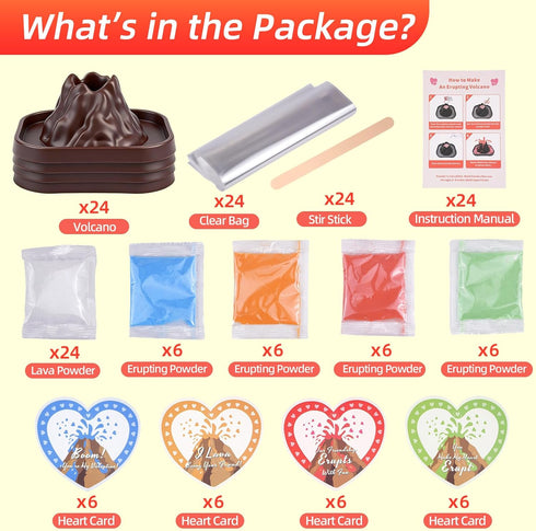 Jiribid 24 Pack 4 Valentines Day Gifts for Kids Classroom: Erupting Volcano Science Kit with Cards, Lava Colors, STEM