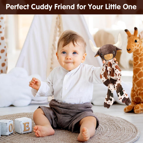 Longhorn Baby Security Blanket Lovey Baby Shower Cow Spotted Cowhide Print Stuffed Cow Snuggler First Birthday Unisex
