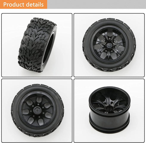 4x 1:10 RC Monster Truck Car Wheels - Rubber RC Tires with 7 Spokes Wheel Rim, Black RC Parts