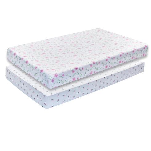 EVERYDAY KIDS 2 Pack Fitted Girls Crib Sheet, 100% Soft Breathable Microfiber Baby Sheet, Fits Standard Size Crib Mattress 28in x 52in, White and Pink Nursery Sheets with Flowers, Roses and Rosebuds by EVERYDAY KIDS