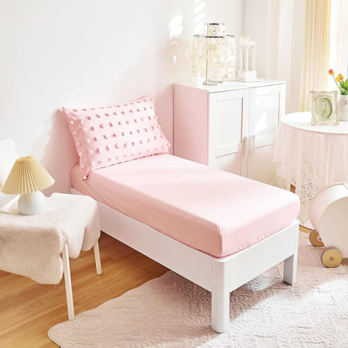4 Set Pieces Tufted Dots Toddler Bedding Solid Pink Jacquard Pom Pom Tufts, Soft and Embroidery Shabby Chic Boho Design