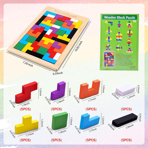 FFTROC Wooden Puzzles for Kids Ages 4-10, Thick Colorful 3D Russian Blocks and Brain Teaser Tangram Jigsaw STEM