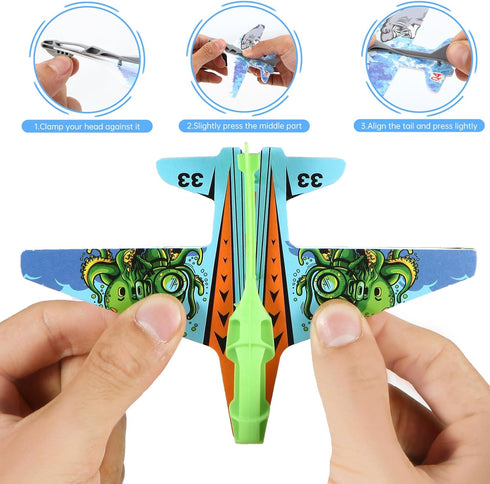 12 Pack Airplane Launcher Toys for Kids, 2 Launchers and 10 Foam Gliders, Indoor Outdoor Flying Party Favors
