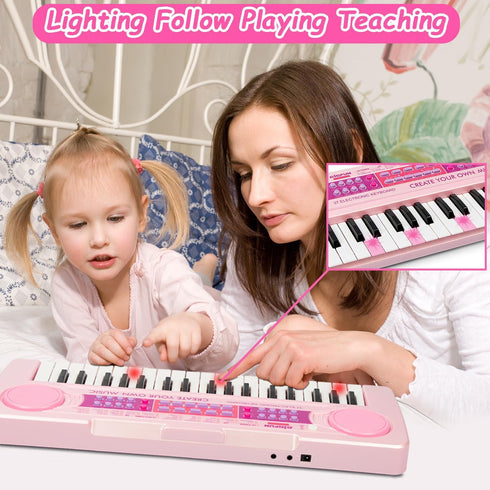 37 Keys Kids Piano Keyboard Toys with Microphone, Learning Educational Toddler Keyboard for Ages 3-8 (Pink)