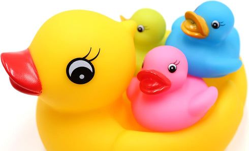 Floating Rubber Duckies Bath Play Set - 5 Pieces with 1 Jumbo Mama Ducky and 4 Baby Ducks (4 Colors)