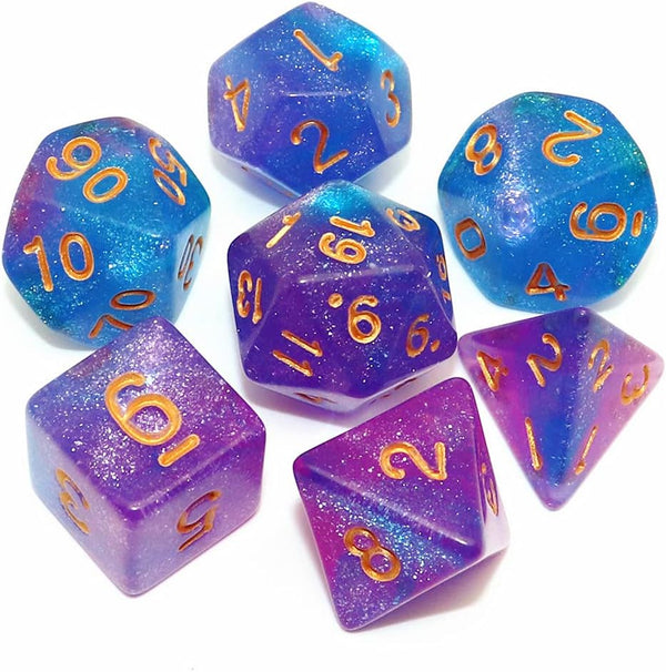 DND Blue Purple Glitter Dice Set for Dungeon and Dragons, D&D RPG Table Games, Polyhedral Dice