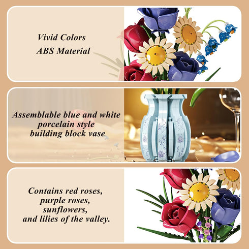 QARULUS Set,787 Roses Flower Bouquet Building Pcs Artificial Flower Kit with Vase,Plant Bonsai Tree Building