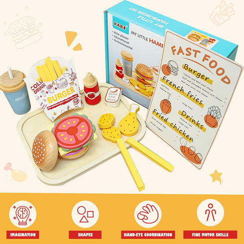 Set Set Wooden Play Fast Food Play Kitchen Accessories, Pretend Play Food Hamburger French Fries Toy, Restaurant Play