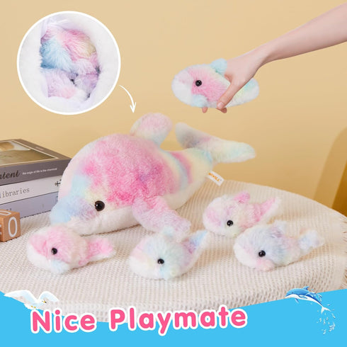 17-Inch 4 Set WEWILL Rainbow Dolphin Plush Toy with Baby | Soft & Cuddly Stuffed Family | Colorful Dolphin Plush Gift