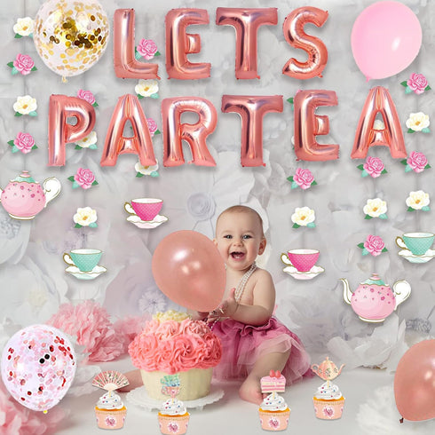 JOPARY Tea Party Decorations with LET'S PAR TEA Aluminum Foil Balloons, Floral Hanging Decorations for Party Decor