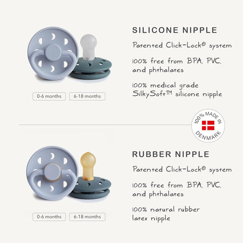 6-18 2-Pack FRIGG Moon Natural Rubber Baby Pacifier | Made in Denmark | BPA-Free (Powder Blue/Slate, Months)