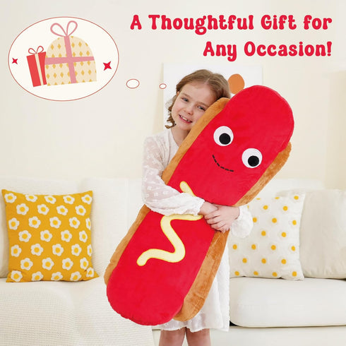 35 Inch Giant Hot Dog Plush Pillow Funny Food Plush Toy, Soft Stuffed Hot Dog Pillow, Oversized Hugging Cushion, Jumbo